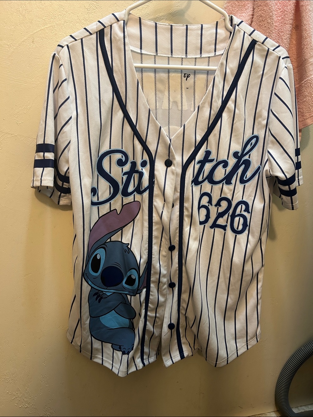 Disney White Pinstripe Stitch Baseball Jersey with Navy Accents